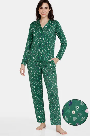 Buy Zivame Candles & Carols Knit Poly Pyjama Set - Green Jacket